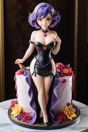 A buttercream cake sculpture full body closeup of a 1girl (mini figure), solo, vermeil \(KINSOU NO VERMEIL\), short hair, purple hair, hair between eyes, ruby eyes, ahoge, big breasts, black dress, bare shoulders, detached collar, cleavage, passion smile. A young demoness, standing sexy pose, with hourglass figure decorated in elaborate colorful designs,  displayed on a marble counter, there is buttercream frosting with iridescent gloss, sugar flowers, and piping, 
