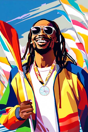 Create a  illustration of Snoop Dogg (man, Rap artist) carrying the Olympic torch at the Olympic Games. He is dressed in a stylish sports outfit that reflects his unique fashion sense, complete with accessories that showcase his personality. The background features an exciting Olympic stadium filled with cheering fans and colorful flags. Snoop Dogg has a big smile on his face as he confidently holds the torch high, symbolizing unity and celebration. Include elements like confetti and dynamic lighting to enhance the festive atmosphere