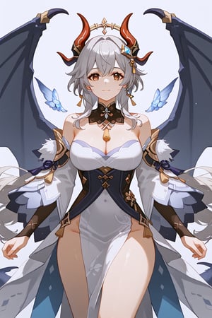 Dark blond hair with a few silver locks, two curvy white scaled horns on her head, dark brown eyes with silver and blue specks, average high, two big white dragon wings on her back, a white scaled dragon tail growing from her back with a fluffy blue tip on its end, 23 year old woman, aesthetic like neuvillette from genshin impact 