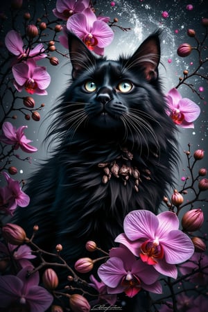 A mesmerizing portrait of a stunning A Maine Coon cat with vibrant black hair and magical grey eyes, her full figure radiating confidence as she gazes directly at the viewer from amidst a swirling vortex of inky stars. The air is filled with dynamic movement, as if passion itself has taken physical form, very many beautiful orchids,  pouring forth like ink rain. In the background, delicate bubbles of ink suspend, adding an air of whimsy to this masterfully crafted digital artwork, showcasing the artist's exceptional skill and attention to detail.