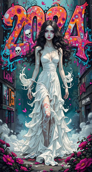 Stunning graffiti illustration by ZloyOrk. Banshee of the Streets: A beautifully eerie woman embodies the spirit of a banshee with her flowing white dress and striking makeup. Graffiti designs swirl around her, depicting skulls and ghostly faces. The background showcases an urban landscape where fog intertwines with colorful street art, creating an atmospheric scene. On background big multicolored letters "HALLOWEEN 2024"