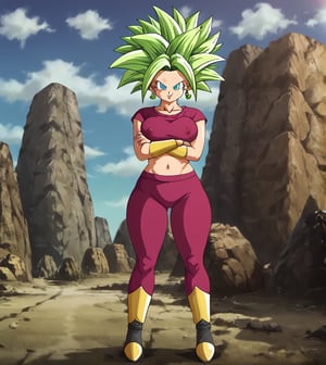 Character Kefla from the anime Dragon Ball Super, 1 girl, saiyan girl, lime green hair, long hair, light blue eyes, angry eyes, smiling, smile, potara earrings, green portara earrings, top t-shirt, magenta t-shirt, sleeveless t-shirt , gold bracelets, magenta hoodie, gold boots, black boots, voluptuous body, chest cleavage, huge breasts, very large breasts, puffy nipples, focus on the chest, boob cleavage, giant tits, giant breasts, stomach exposed, visible navel, wide hips, fat hips thick thighs, fat thighs, fat legs, standing, dragon ball capsule corporation background, dragon ball landscape, kefladb