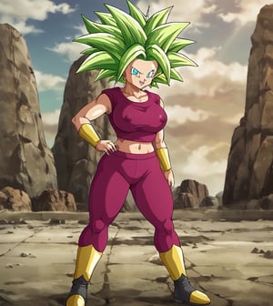 Character Kefla from the anime Dragon Ball Super, 1 girl, lime green hair, long hair, saiyan hair, light blue eyes, saiyan eyes, angry eyes, smiling, smile, potara earrings, green portara earrings, top t-shirt, colored t-shirt magenta, sleeveless top, gold bracelets, magenta hoodie, gold boots, black boots, voluptuous body, chest cleavage, huge breasts, very large breasts, swollen nipples, exposed stomach, visible navel, wide hips, fat hips thick thighs, fat thighs, fat legs, standing, dragon ball capsule corporation background, dragon ball landscape, kefladb