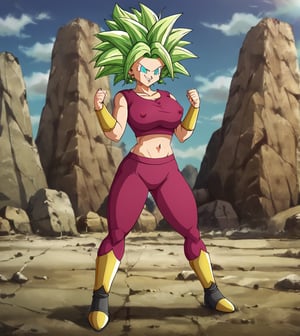 Character Kefla from the anime Dragon Ball Super, 1 girl, lime green hair, long hair, saiyan hair, light blue eyes, saiyan eyes, angry eyes, smiling, smile, potara earrings, green portara earrings, top t-shirt, colored t-shirt magenta, sleeveless top, gold bracelets, magenta hoodie, gold boots, black boots, voluptuous body, chest cleavage, huge breasts, very large breasts, puffy nipples, focus on the chest, tit cleavage, giant tits , giant breasts, bare stomach, visible navel, wide hips, fat hips thick thighs, fat thighs, fat legs, standing, dragon ball capsule corporation background, dragon ball landscape, kefladb