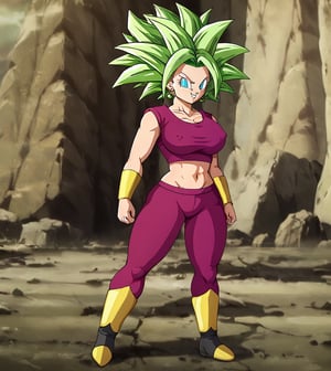 Character Kefla from the anime Dragon Ball Super, 1 girl, saiyan girl, lime green hair, long hair, light blue eyes, angry eyes, smiling, smile, potara earrings, green portara earrings, top t-shirt, magenta t-shirt, sleeveless t-shirt , gold bracelets, magenta hoodie, gold boots, black boots, voluptuous body, chest cleavage, huge breasts, very large breasts, puffy nipples, focus on the chest, boob cleavage, giant tits, giant breasts, stomach exposed, visible navel, wide hips, fat hips thick thighs, fat thighs, fat legs, standing, dragon ball capsule corporation background, dragon ball landscape, kefladb