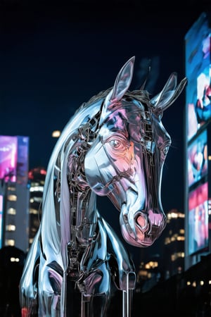 A futuristic equine figure stands majestic in a neon-lit cityscape at dusk, its metallic body glowing with an otherworldly aura. The Cyber Horse's sleek, aerodynamic design seems to defy gravity as it rises on hind legs, its front hooves grasping a gleaming metal pole. Urban architecture looms behind, with towering skyscrapers and holographic billboards reflecting off the horse's polished hide.