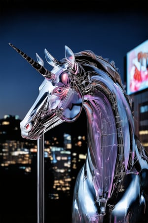 A futuristic equine figure stands majestic in a neon-lit cityscape at dusk, its metallic body glowing with an otherworldly aura. The Cyber Horse's sleek, aerodynamic design seems to defy gravity as it rises on hind legs, its front hooves grasping a gleaming metal pole. Urban architecture looms behind, with towering skyscrapers and holographic billboards reflecting off the horse's polished hide.