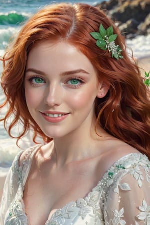 Prompt: ultra-detailed colored illustration A beautiful woman with flowing red hair and emerald green eyes. The woman is relaxed and smiling, her red hair cascading down her shoulders in loose waves. Her emerald green eyes sparkle with contentment. She is dressed in a white wedding dress that contrasts with the vibrant colors of the scene around her. the precision of John Singer Sargent background A: A swirling dreamscape with melting clocks and distorted landscapes, an extremely detailed, masterpiece, stunning illustration, open eyes, A unique blend of art styles, and digital pain
