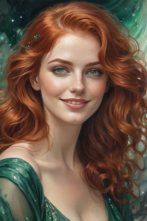 ultra-detailed colored illustration 


A beautiful woman with flowing red hair and emerald green eyes.
The woman is relaxed and smiling, her red hair cascading down her shoulders in loose waves. Her emerald green eyes sparkle with contentment.beauty with a tall, sexy, and well-proportioned figure, dressed in fashionable clothes with a stylish 
aristocratic feel that is both casual and classy. The artwork features watercolor and gouache splashes, showcasing masterpiece quality and a stunning image. The 128K resolution captures colored light wavelengths, attractive reflections, and a beautiful gouache sketch in the center. The modern art style highlights the beauty's allure and sophistication.lady & rayograph,,,victorian vision,.retro glam,,surreal,sparkles, fantastical structures, otherworldly, fantastical landscape, extraterrestrial dreamscape, ancient ruins, glow, fog,


the precision of John Singer Sargent 


background A: A swirling dreamscape with melting clocks and distorted landscapes, an extremely detailed, masterpiece, stunning illustration, open eyes, A unique blend of art styles, and digital pain
