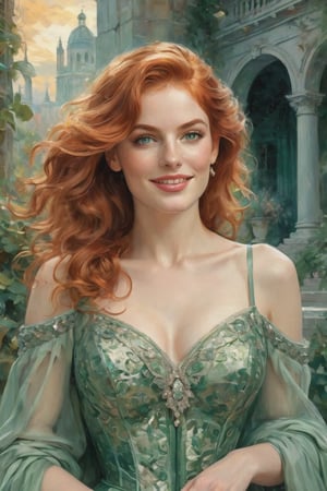 ultra-detailed colored illustration A tall, 
A beautiful woman with flowing red hair and emerald green eyes.
The woman is relaxed and smiling, her red hair cascading down her shoulders in loose waves. Her emerald green eyes sparkle with contentment.beauty with a tall, sexy, and well-proportioned figure, dressed in fashionable clothes with a stylish 
aristocratic feel that is both casual and classy. The artwork features watercolor and gouache splashes, showcasing masterpiece quality and a stunning image. The 128K resolution captures colored light wavelengths, attractive reflections, and a beautiful gouache sketch in the center. The modern art style highlights the beauty's allure and sophistication.lady & rayograph,,,victorian vision,.retro glam,,surreal,sparkles, fantastical structures, otherworldly, fantastical landscape, extraterrestrial dreamscape, ancient ruins, glow, fog,


. the precision of John Singer Sargent background A: A swirling dreamscape with melting clocks and distorted landscapes, an extremely detailed, masterpiece, stunning illustration, open eyes, A unique blend of art styles, and digital pain
