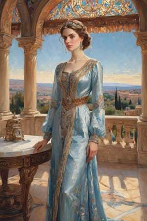 ultra-detailed colored illustration A tall, slender woman with fair, radiant skin and a few delicate pimples that enhance her natural beauty. Her velvety blue eyes are captivating, and her long, glossy brown hair shines in the light. She stands gracefully, dressed in elegant Ottoman attire, with intricate patterns and soft fabrics that complement her striking features, exuding both nobility and allure. the precision of John Singer Sargent background A: A swirling dreamscape with melting clocks and distorted landscapes, an extremely detailed, masterpiece, stunning illustration, open eyes, A unique blend of art styles, and digital pain
