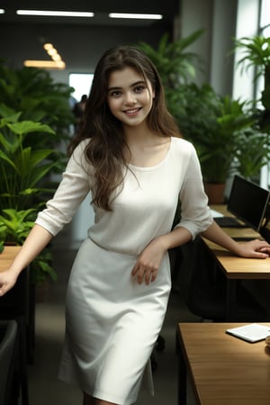 A 19 year old girl with wavy brown hair and a gentle smile standing. She wears sexy clothes, exuding warmth and approachability. Long wooden tables, adorned with green plants, host several individuals engaged in work. The overall atmosphere is dynamic and collaborative, with a mix of people standing and sitting on black office chairs. The image, captured in 8K Ultra HD, highlights the woman in sharp focus against a slightly blurred, bustling background.