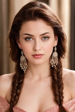 Generate hyper realistic image of a stunning woman with mesmerizing brown eyes. She has long red hair styled in a loose braid. She wears an off-shoulder dress that accentuates her breasts. Her looks complemented by shimmering earrings that catch the light as she looks playfully at the viewer, her lips adorned with a hint of rose-colored lipstick.
