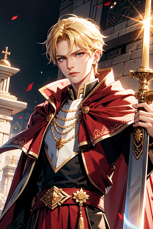 A majestic shot of a handsome Cleric of Light, short, blonde hair. His piercing amber eyes gleam with an otherworldly intensity as he stands tall, wielding a holy sword. He wears a red cloak, white and gold robes, the intricate embroidery and flowing silks accentuating his muscular ad elegant bearing. The air is thick with an aura of mystique and power as he surveys Sune's Temple. 1 boy. Portrait