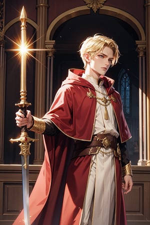 A majestic shot of a handsome Cleric of Light, short, blonde hair. His piercing amber eyes gleam with an otherworldly intensity as he stands tall, wielding a holy sword. He wears a red cloak, white and gold robes, the intricate embroidery and flowing silks accentuating his muscular ad elegant bearing. The air is thick with an aura of mystique and power as he surveys Sune's Temple.