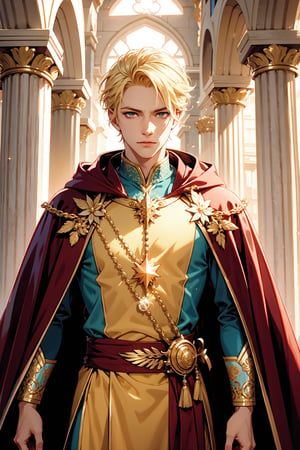 A majestic shot of a handsome Cleric of Light, short, blonde hair. His piercing amber eyes gleam with an otherworldly intensity as he stands tall, wielding a holy sword. He wears a red cloak, white and gold robes, the intricate embroidery and flowing silks accentuating his muscular ad elegant bearing. The air is thick with an aura of mystique and power as he surveys Sune's Temple. 1 boy. Portrait