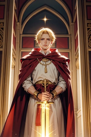 A majestic shot of a handsome Cleric of Light, short, blonde hair. His piercing amber eyes gleam with an otherworldly intensity as he stands tall, wielding a holy sword. He wears a red cloak, white and gold robes, the intricate embroidery and flowing silks accentuating his regal bearing and strong muscles. The air is thick with an aura of mystique and power as he surveys Sune's Temple.