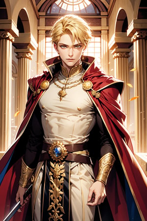 A majestic portrait of a dashing Cleric of Light stands tall, short blonde hair framing his chiseled features. His piercing amber eyes gleam with otherworldly intensity as he wields a holy sword, red cloak billowing behind him like a fiery aura. White and gold robes cinch at the waist, intricate embroidery and flowing silks accentuating his muscular bearing. Before Sune's Temple, the air is heavy with mystique and power as he surveys the sacred grounds,.