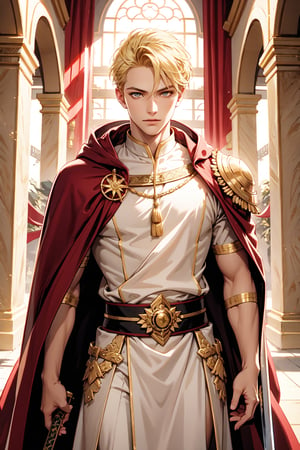 A majestic shot of a handsome Cleric of Light, short, blonde hair. His piercing amber eyes gleam with an otherworldly intensity as he stands tall, wielding a holy sword. He wears a red cloak, white and gold robes, the intricate embroidery and flowing silks accentuating his muscular and elegant bearing. The air is thick with an aura of mystique and power as he surveys Sune's Temple. 1 boy. Portrait. Muscular