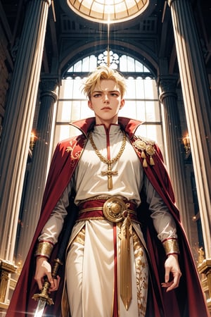 A majestic shot of a handsome Cleric of Light, short, blonde hair. His piercing amber eyes gleam with an otherworldly intensity as he stands tall, wielding a holy sword. He wears a red cloak, white and gold robes, the intricate embroidery and flowing silks accentuating his regal bearing and strong build. The air is thick with an aura of mystique and power as he surveys Sune's Temple.
