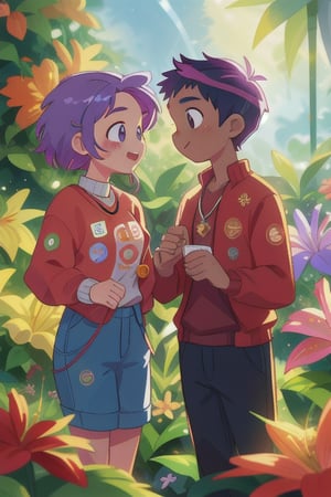 A vibrant and diverse scene set in a school garden, featuring a girl with striking purple hair styled with an undercut, standing tall, happy, and fit, wearing a cute sweater. She engages in conversation with an African native boy, who has dark skin and wears a red shirt adorned with life-themed emojis, along with a chain and watch, exuding cuteness and confidence. The garden is bathed in shiny, natural light, highlighting the colorful plants and flowers. The composition frames the two in a relaxed pose, their outfits and accessories adding a playful yet harmonious touch to the educational and multicultural setting, emphasizing the joyful and engaging interaction between them.