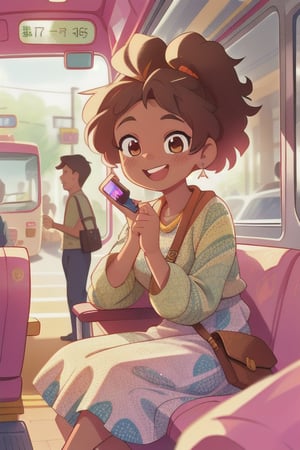 A dynamic and engaging scene featuring a cute Ghanaian cultured woman named Abena, with two separate bushy ponytails and a happy expression, sitting in a bus wearing a patterned dress with a cute background of citizens walking, holding a phone. The bus is well-lit and decorated, creating a professional and innovative atmosphere. The lighting is bright and even, casting a clear light on Abena's serious expression and dynamic posture. The composition frames Abena in a collaborative pose, capturing the essence of the bus environment, highlighting her engaged demeanor and the serene beauty of the bus.