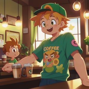 A charming scene of a tall, fit boy with chocolate-colored skin, featuring blonde hair and brown eyes. He dons a green shirt with vibrant emoji designs, adding a touch of cuteness. Sporting a Pokémon cap, he stands cheerfully at a coffee shop counter, ordering a cup of coffee. The background is a cozy, cute coffee shop, filled with warm lighting and eclectic decor. The composition captures his happy expression and the playful cap, set against the inviting ambiance of the coffee shop, highlighting his relaxed yet vibrant presence.