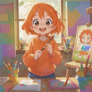A joyful image of a girl wearing an orange sweater, her expression bright and content as she paints with enthusiasm. The setting is an art studio or a cozy corner, with brushes and colorful paints scattered around her. The lighting is soft and natural, casting a warm glow that complements the vibrant hues of her artwork and sweater. The composition captures her in a dynamic pose, brush in hand, with the orange sweater standing out against the creative backdrop, emphasizing her happy and engaged state.