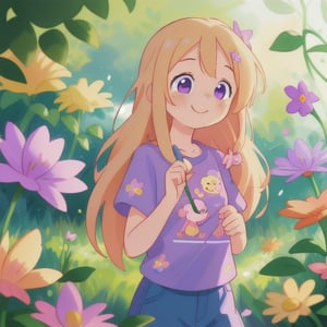 A delightful image of a tall, happy girl with long blonde hair, dressed in a cute purple shirt featuring a Barbie cartoon and a purple flower hairclip. She stands in a vibrant garden, holding a single flower with a gentle, kind expression. The garden is lush and colorful, with various flowers and plants creating a picturesque backdrop. The natural lighting is soft and warm, enhancing the cheerful atmosphere. The composition frames the girl amidst the floral beauty, her outfit and accessories adding a playful yet serene touch to the scene, highlighting her joyful and nurturing presence.