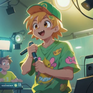 A vibrant image of a tall, fit boy with chocolate-colored skin, showcasing blonde hair and brown eyes. He wears a green shirt adorned with playful emoji prints and a Pokémon cap, exuding cuteness and happiness. The setting is a professional studio room, equipped with microphones and sound equipment, where he stands confidently, singing with enthusiasm. The lighting is dynamic, casting a spotlight on him and enhancing the energetic atmosphere. The composition captures him in a lively pose, his outfit and cap adding a youthful touch to the creative environment, highlighting his joyful and passionate performance.