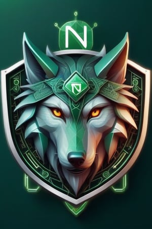 Create a cybersecurity-themed logo with elements from Turkish mythology and a hacker motif. The design should convey a sense of protection and power by blending modern cyber elements such as digital shields or network icons with mythological symbols such as wolves, dragons or ancient runes. Let there be numbers in green in the background, from 1 to 9. Let the letter N be on the wolf's. head.,Decora_SWstyle