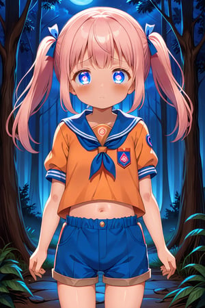 loli, sad face, front view, twin tails, pink hair, night forest, scout , orange shirt, blue shorts, looking_at_viewer, heart_shaped_pupils, 