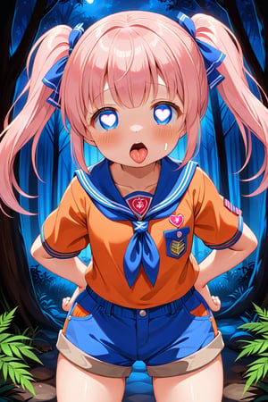 loli, cum face, front view, twin tails,pink hair, night forest, scout , orange shirt, blue shorts, looking_at_viewer, heart_shaped_pupils, sticking_out_tongue