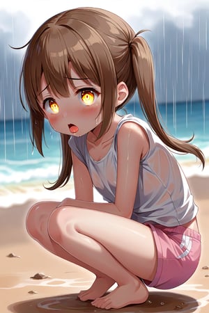 loli hypnotized, sad_face, yellow eyes, brown hair, side_view, twin_tails, rain beach, white shirt, pink short pants, crouched, sticking_out_tongue