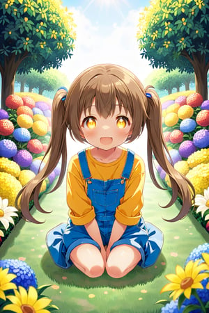 loli hypnotized, happy_face, yellow eyes, brown hair, front_view, twin_tails, flowers garden, yellow shirt, blue overalls, sitting