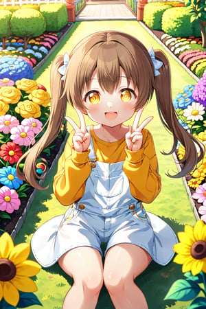 loli hypnotized, happy_face, yellow eyes, brown hair, front_view, twin_tails, flowers garden, yellow shirt, white overalls, sitting, peace fingers