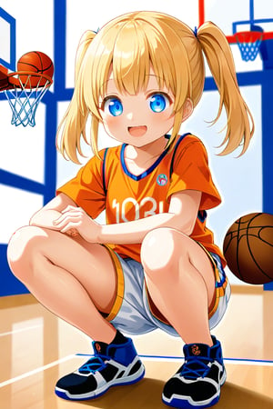 loli, happy_face, yellow hair, down_view, twin_tails, blue_eyes, basketball, orange shirt, white shorts, squatting