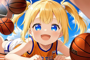 loli, happy_face, yellow hair, down_view, twin_tails, blue_eyes, basketball, orange shirt, white shorts, lying