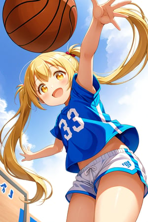 loli, happy_face, yellow hair, down_view, twin_tails, yellow_eyes, basketball, blue shirt, white shorts,