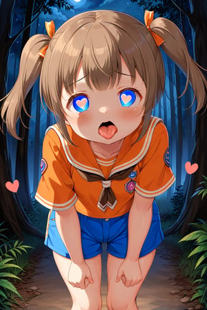 loli, cum face, front view, twin tails, brown hair, night forest, scout , orange shirt, blue shorts, looking_at_viewer, heart_shaped_pupils, sticking_out_tongue