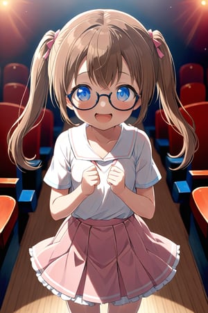 loli, brown hair, happy_face, front_view, twin_tails, blue_eyes, theather, white shirt, pink skirt, black glasses, 