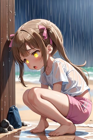 loli hypnotized, sad_face, yellow eyes, brown hair, side_view, twin_tails, rain beach, white shirt, pink short pants, squatting, sticking_out_tongue, 