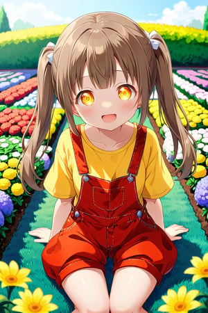 loli hypnotized, happy_face, yellow eyes, brown hair, front_view, twin_tails, flowers garden, yellow shirt, red overalls, sitting