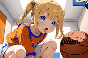 loli, cum_on_mouth, yellow hair, down_view, twin_tails, blue_eyes, basketball, orange shirt, white shorts, squatting, sticking_out_tongue