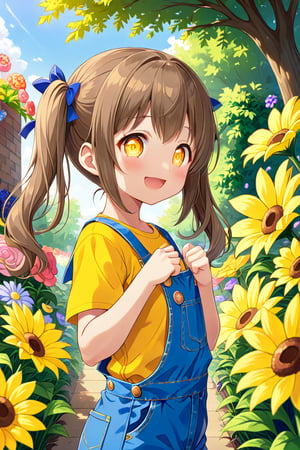 loli hypnotized, happy_face, yellow eyes, brown hair, side_view, twin_tails, flowers garden, yellow shirt, blue overalls, 