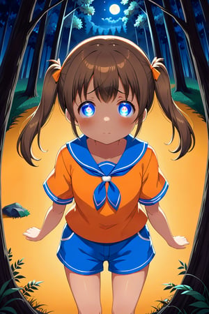 loli, sad face, front view, twin tails, brown hair, night forest, scout , orange shirt, blue shorts, looking_at_viewer, heart_shaped_pupils, 