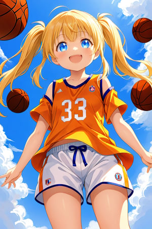 loli, happy_face, yellow hair, down_view, twin_tails, blue_eyes, basketball, orange shirt, white shorts, 