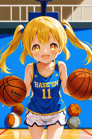 loli, happy_face, yellow hair, front_view, twin_tails, yellow_eyes, basketball, blue shirt, white shorts, 