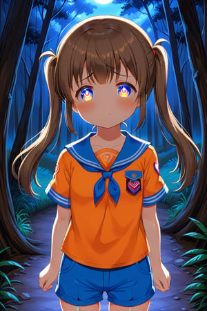 loli, sad face, front view, twin tails, brown hair, night forest, scout , orange shirt, blue shorts, looking_at_viewer, heart_shaped_pupils, 