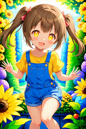 loli hypnotized, happy_face, yellow eyes, brown hair, frong_view, twin_tails, flowers garden, yellow shirt, blue overalls, 